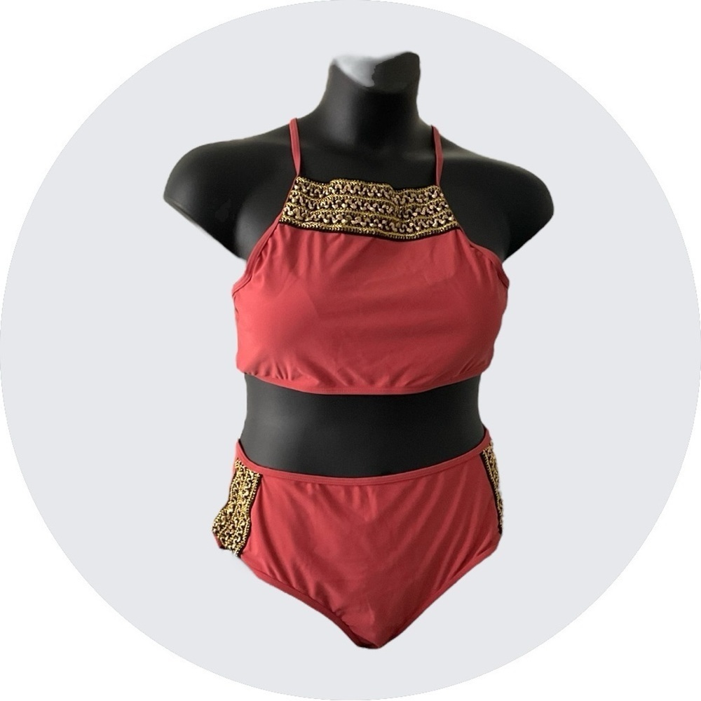 ZAFUL Swimwear 2 Piece Bikini Set Rose Blush High Neck Waist Cut Push Up SZ XL